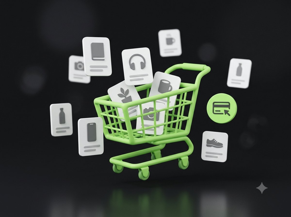 Illustration eines Online-Shops mit Warenkorb und Produkten